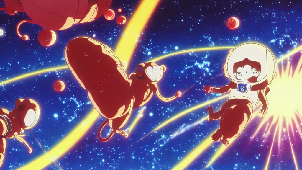 Image similar to monkey exploring space, anime film still from the an anime directed by katsuhiro otomo with art direction by salvador dali, wide lens