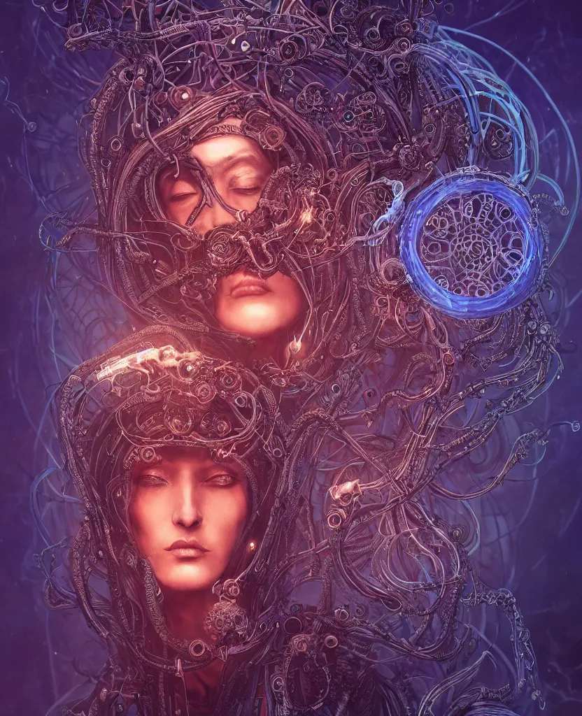 Prompt: queen of death. intricate portrait, occult cyberpunk, ancient futuristic, dark art, occult. intricate biomechanical, bioluminescent halo around head, mandala ornament, cybernetic glowing jellyfish, tentacles, by Petros Afshar, by artgerm, by Eddie Mendoza, by Peter mohrbacher by tooth wu, unreal engine, octane render, cinematic light, high details, iridescent colors