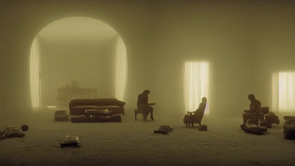 Prompt: the longest living room in the world, film still from the movie directed by Denis Villeneuve with art direction by Zdzisław Beksiński, golden hour