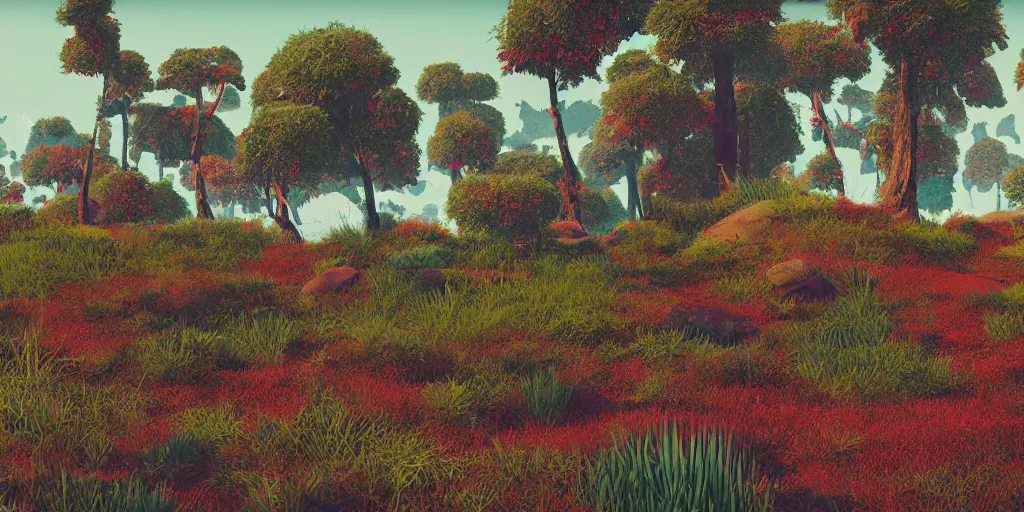 Prompt: abstract 3d rendered landscape with vegetation by james jean and painted in no mans sky style, redshift, octane