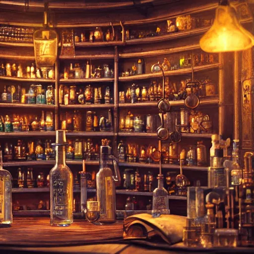 Image similar to An intricate scene with a lot of magic bottles and mechanisms of an alchemist, other bookshelves with bottles and alchemy stuff in the background::fantasy, detailed concept art, artstation, high details::8K, 4K, sharp focus, octane render