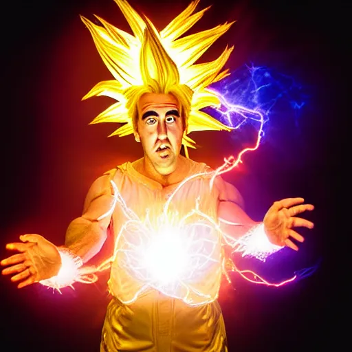 Image similar to uhd candid photo of cosmic nicholas cage impersonator as a super sayian powering up, glowing, global illumination, studio lighting, radiant light, hyperdetailed, correct face, elaborate intricate costume. photo by annie leibowitz