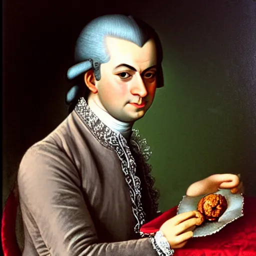 Image similar to “ wolfgang amadeus mozart eating a chocolate ball. he's wearing a powder wig and an expensive looking coat. he looks like he's savouring the taste of the chocolate. the background is out of focus, coloured deep velvet, photorealistic oil painting ”