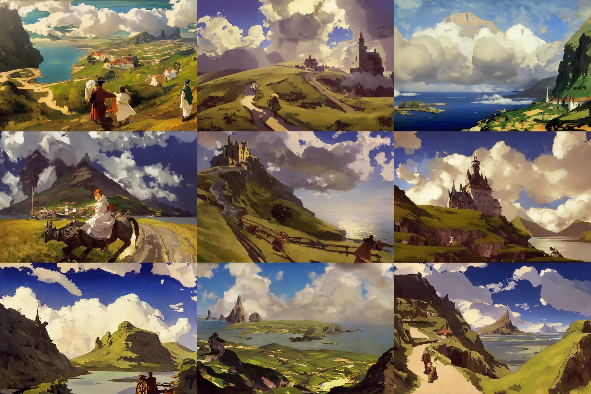 Prompt: painting by sargent and leyendecker and greg hildebrandt, james gurney, apollinaris vasnetsov, savrasov levitan polenov, studio ghibli style, middle ages, fantasy, castle, above the layered low clouds big lake wide river road to sea bay view faroe azores overcast