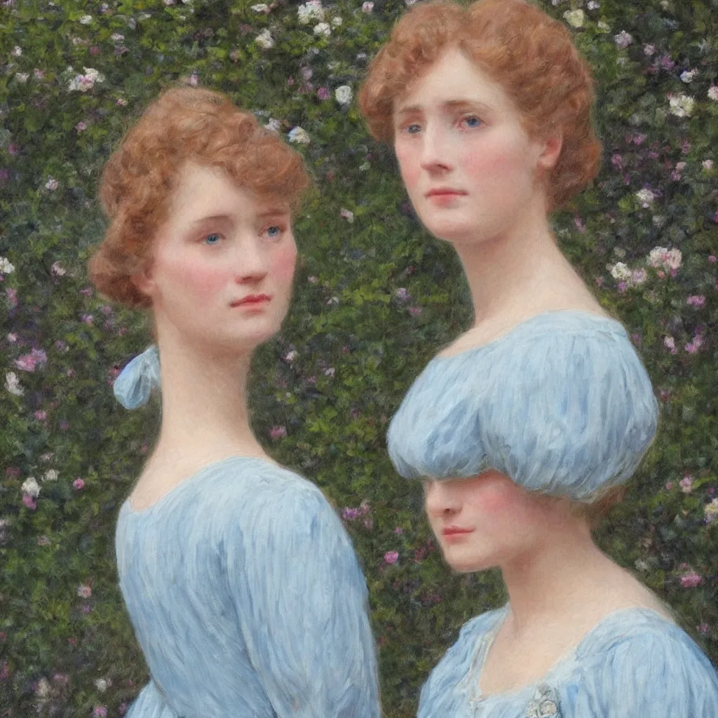 Prompt: portrait of a young lady in a light blue dress 1 9 0 0 s one entire head shown in great detail, she doesn't have a face, in a beautiful garden, looking at the camera, full body in camera, blonde hair, garden, photorealistic, extreme detail, sharp focus, 8 k, intricate, hyper detailed, realistic, cinematic lighting