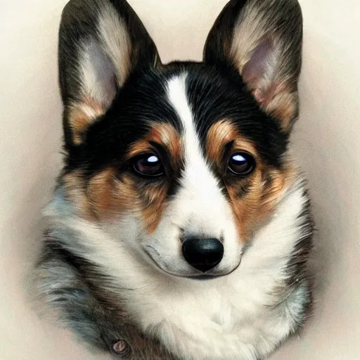 Prompt: a photograpic portrait of a corgi, fantasy, intricate, elegant, highly detailed, digital painting, artstation, concept art, smooth, sharp focus, illustration, art by artgerm and H R Giger and alphonse mucha