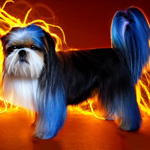 Prompt: Super Saiyan Shih Tzu, Gold Hair, Glowing, Lightning Arcs, Crackling, Blue, Blonde, Glowing, Dog