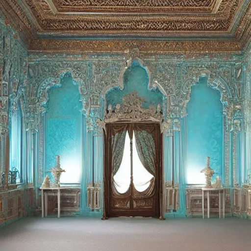 Prompt: large palace room intricately carved from aquamarine, dimly lit with sunlight filtering through the walls