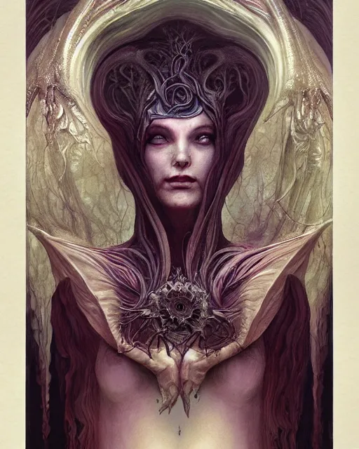 Image similar to perfectly centered portrait front view of a dead rotten beautiful female daemon growing ornamentation, ornate, detailed, symmetrical, elegant, beautifully soft lit, by wayne barlowe, peter mohrbacher, kelly mckernan