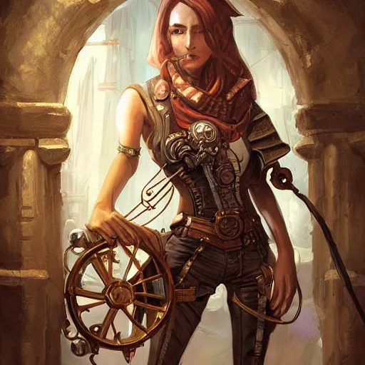 Image similar to steampunk artificer, cute, oil painting, portrait, intricate complexity, rule of thirds, in the style of Adam Paquette, Svetlin Velinov, Daarken, Artgerm, Keith Thompson, and Eric Deschamps, magic the gathering art, character concept