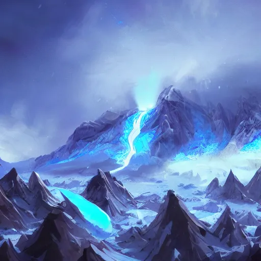 Prompt: blue glacier volcano eruption, blue glacier volcano eruption, blue liquid and snow, blue glacier volcano eruption, snow dust everywhere, snow battlefield, ice cold blue theme, bright masterpiece artstation. 8 k, sharp high quality artwork in style of jose daniel cabrera pena and greg rutkowski, concept art by tooth wu, blizzard warcraft artwork, hearthstone card game artwork