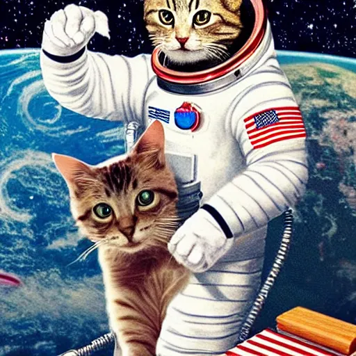 Image similar to astronaut cat on board the sputnik 2, realistic, photo, detailed, patriotic