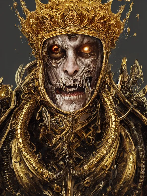 Image similar to portrait art of 8k ultra realistic undead king,detailed gold crown, intricate ornate armour,decaying, cybernetic, full of colour, cinematic lighting, battered, trending on artstation, 4k, hyperrealistic, focused, extreme details,unreal engine 5, cinematic, masterpiece, art by ayami kojima, giger