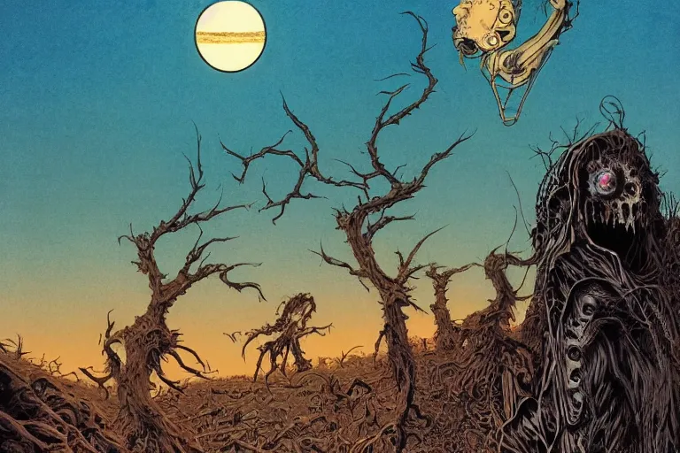 Prompt: disturbing horror zombie manga cover illustration by junji ito and joe fenton and syd mead and p. craig russell and barry windsor - smith, artstation, 4 k, graphic novel, concept art, matte painting, beautiful american rustic western landscape sunset background, golden hour, art nouveau