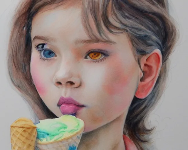 Image similar to a girl with the ice cream watercolor colored pencil painting by samuel smith trending on artstation