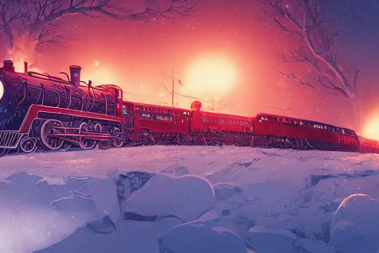 Image similar to dieselpunk polar express going into a canadian blizzard by makoto shinkai, ilya kuvshinov, lois van baarle, rossdraws, basquiat