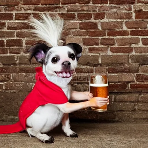 Prompt: a small dog with a red mohawk drinking beer, stock photo