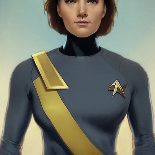 Prompt: a bald serbian!!! young woman as a star trek captain, wearing a grey uniform, still from star trek painted by artgerm and greg rutkowski and alphonse mucha. clear highly detailed face, beautiful sci fi art