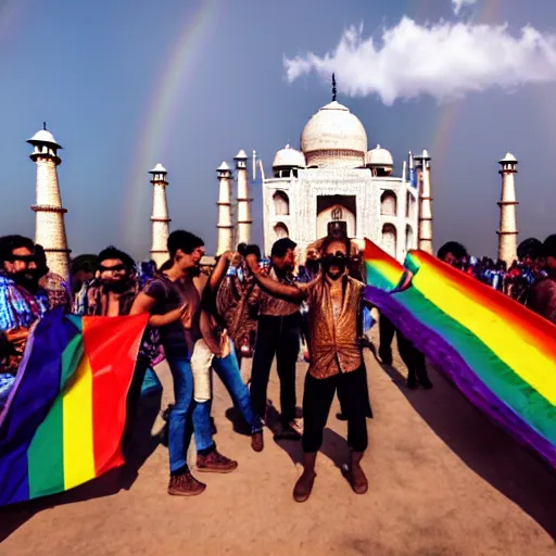 Image similar to photo of crowd of men wearing leather clothes with rainbow flags dancing at ( ( ( ( taj mahal ) ) ) ), well framed, sharp focus, 8 k, beautiful, award winning photo, highly detailed, intricate, centered, soft clouds