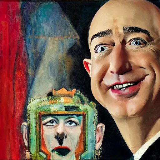 Prompt: a deliriously happy king jeff bezos, portrait oil painting by Otto Dix, oil on canvas (1921)