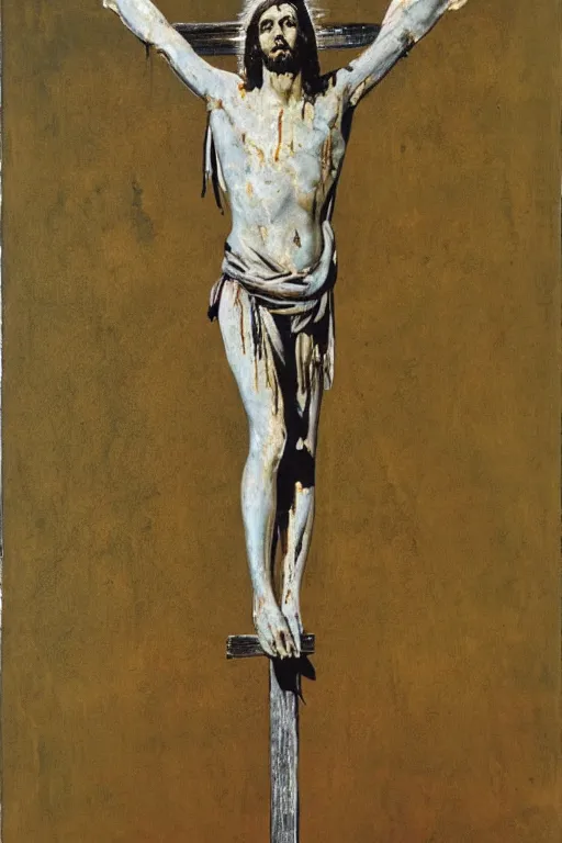 Image similar to bloody jesus christ crucified with a ufo of light above him painted by cy twombly and andy warhol