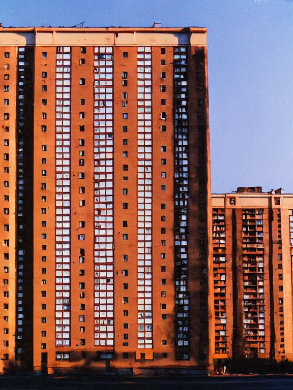 Image similar to soviet panel apartment building photo, extreme wide shot, golden hour, kodak gold 2 0 0, side - view