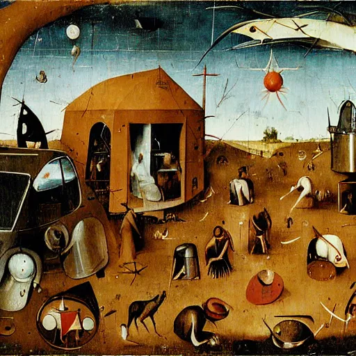 Prompt: alchemist camp in the outback with crashed car, hieronymus bosch