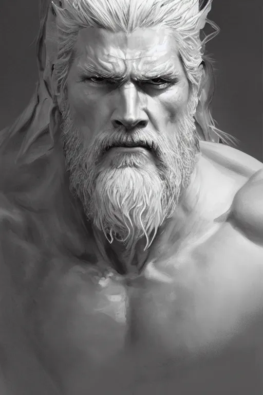 Image similar to painted portrait of rugged sephirot, god of thunder, greek god, white hair, masculine, mature, handsome, upper body, muscular, hairy torso, fantasy, intricate, elegant, highly detailed, digital painting, artstation, concept art, smooth, sharp focus, illustration, art by gaston bussiere and craig mullins