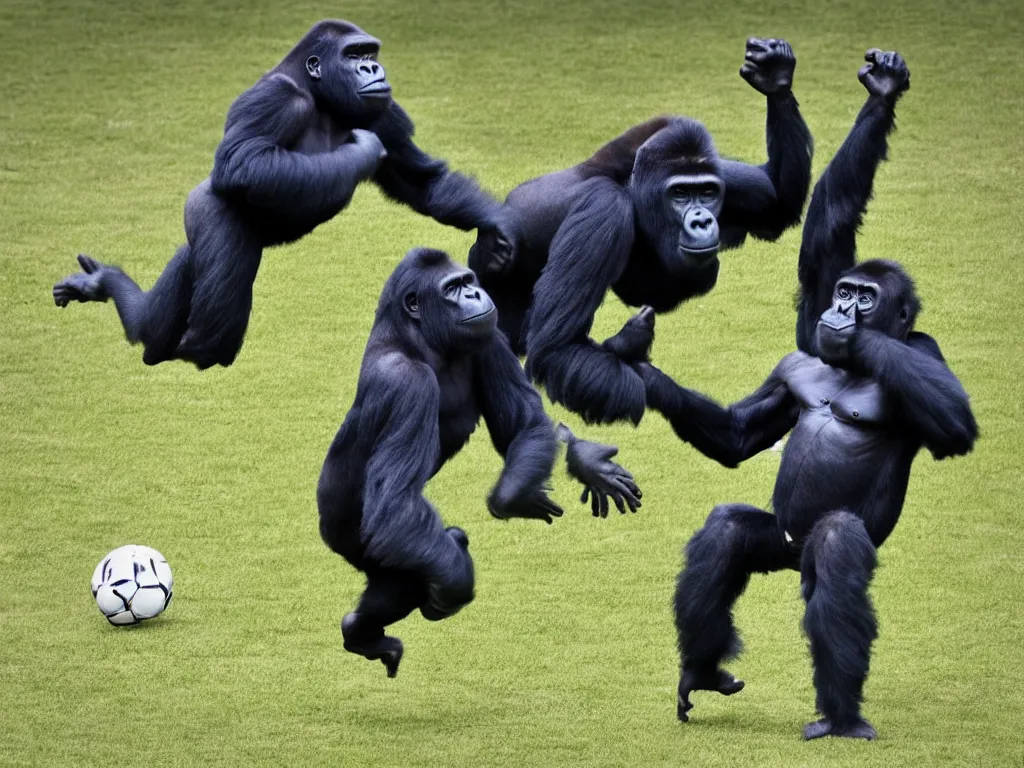 Image similar to a gorilla jumping to head the ball on a corner kick, vivid