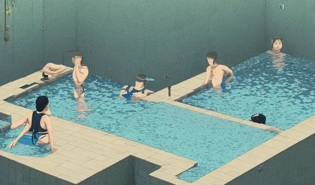 Prompt: Water plunge pool, using weighted vests, I watch the others go down, I don't want to do it myself, flat design, screen print by Kawase Hasui and dan hillier, 8k unreal engine