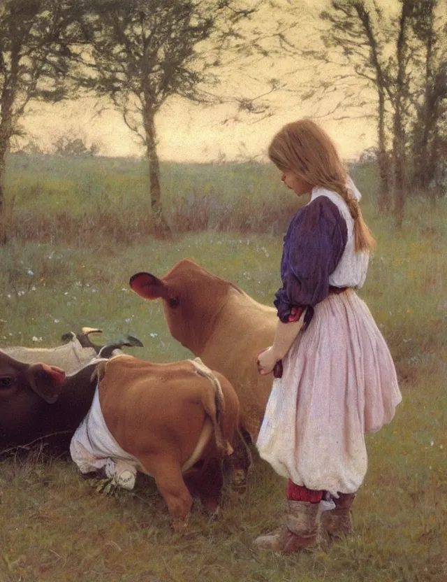 Image similar to portrait of peasant girl petting a cow on a farm, cottage core, cinematic focus, polaroid photo bleached vintage pastel colors high - key lighting, soft lights, foggy, by steve hanks, by lisa yuskavage, by serov valentin, by tarkovsky, 8 k render, detailed, oil on canvas