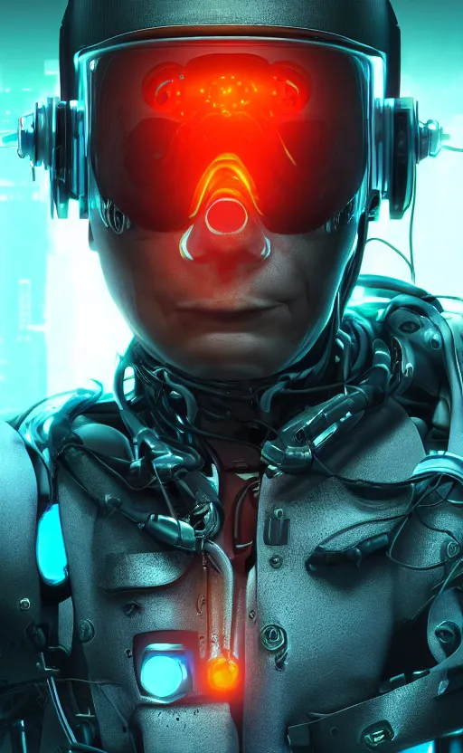 Image similar to a beautiful!! photo of a middle - aged!! bionic!! male!!, cyberpunk, augmented vision, volumetric light, photography, dystopian, extremely detailed, photorealistic!, stunning, digital art trending on artstation, orange, cyan, washed out colors