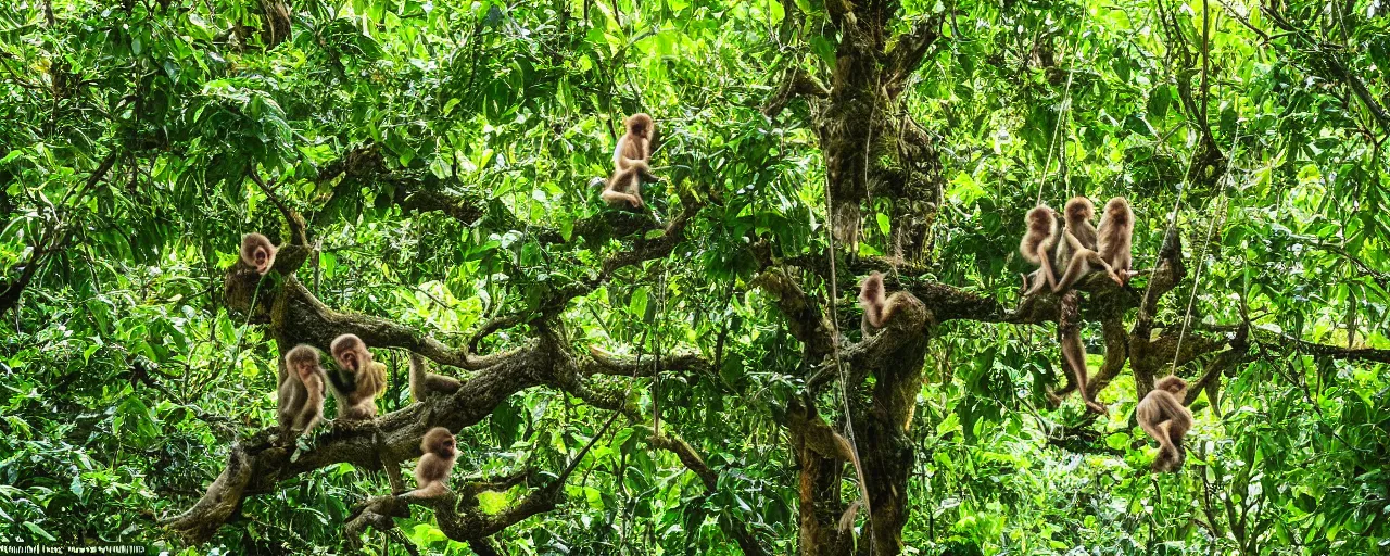 Prompt: a family of monkeys swing through the trees in a beautiful jungle landscape bordered by vines, flowers, tropical birds, snake, river with stunning water, backlit