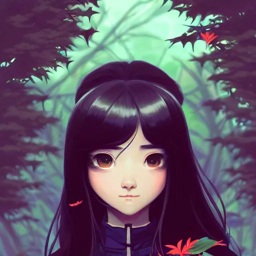 Image similar to a beautiful girl with long dark hair, wearing a ninja uniform, forest background, intricate, highly detailed, digital painting, artstation, official media, anime key visual, concept art, rich vivid colors, ambient lighting, sharp focus, illustration, art by Artgerm, Makoto Shinkai, Ilya Kuvshinov, Lois Van Baarle, and Rossdraws