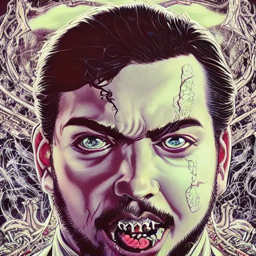 Prompt: portrait closeup of post malone vampire, symmetrical, by yoichi hatakenaka, masamune shirow, josan gonzales and dan mumford, ayami kojima, takato yamamoto, barclay shaw, karol bak, yukito kishiro