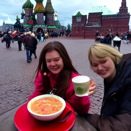 Prompt: Dragon for tales eating russian borsch soup on the Red Square,