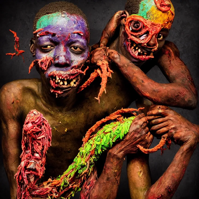 Image similar to a very colorful and beautiful ( flesh - eating ) tsikalawa, eating the leg of a terrified man, standing on top of a mountain of maggots, schizophrenic hallucination, by alexandro judorowski and basia tran, fear, morbid, nightmare, supernatural, 8 k, digital art, highly detailed, chiaroscuro, creepy, terrifying