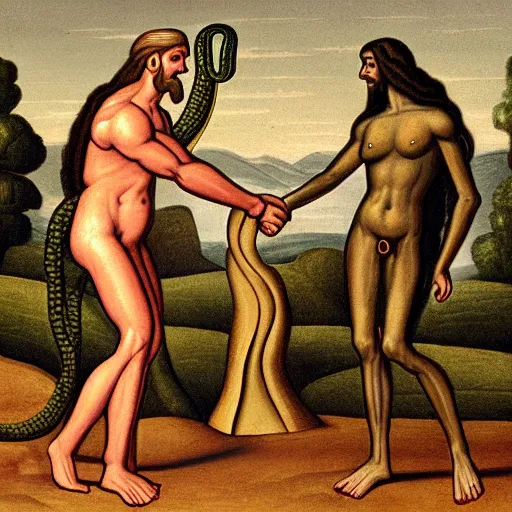 Image similar to depiction of adam and eve shaking hands with an anthromorphic snake