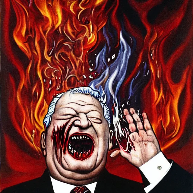 Image similar to boris yeltsin pours lead into the mouth of a sinner in hell, scary art in color