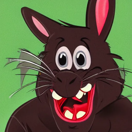 Image similar to A extremely highly detailed majestic hi-res beautiful, highly detailed head and shoulders portrait of a scary terrifying, horrifying, creepy goofy black cartoon rabbit with scary big eyes, earing a shirt laughing, hey buddy, let's be friends, in the style of Walt Disney