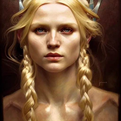 Image similar to portrait of a blond viking girl, surreal, fantasy, intricate, elegant, dramatic lighting, highly detailed, lifelike, photorealistic, digital painting, artstation, concept art, smooth, sharp focus, illustration, art by John Collier and Krenz Cushart and Artem Demura and Alphonse Mucha and Albert Aublet