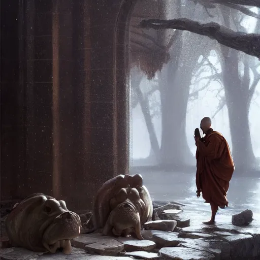 Prompt: anthropomorphic hippopotamus humanoid monk by greg rutkowski, water temple, winter, fantasy