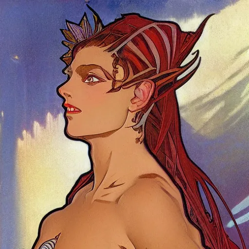 Image similar to portrait of Neytiri with tan skin and spiky red hair by Alphonse Mucha and Larry Elmore