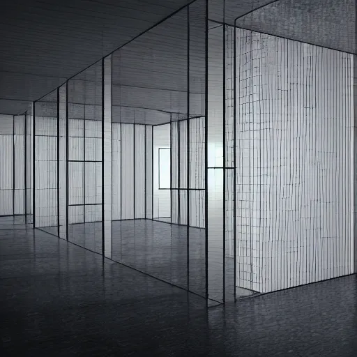 Prompt: stack of transparent walls in wide abstract space, raytracing, 5 5 mm