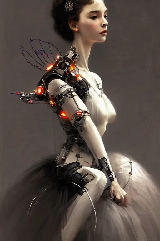 Image similar to sitting beautiful painting of a crowned robotic cyberpunk ballerina in a gothic dark flowing tutu intricate, elegant, highly detailed, digital painting, artstation, concept art, by krenz cushart and artem demura and william adolph bouguereau