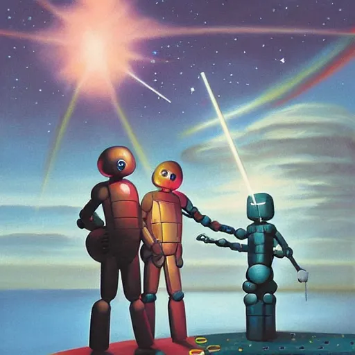 Image similar to a painting by ralph mcquarrie of floating molecules and a robot artist holding an icosahedron with stars, clouds, and rainbows in the background, trending on artstation, masterpiece, incredible details