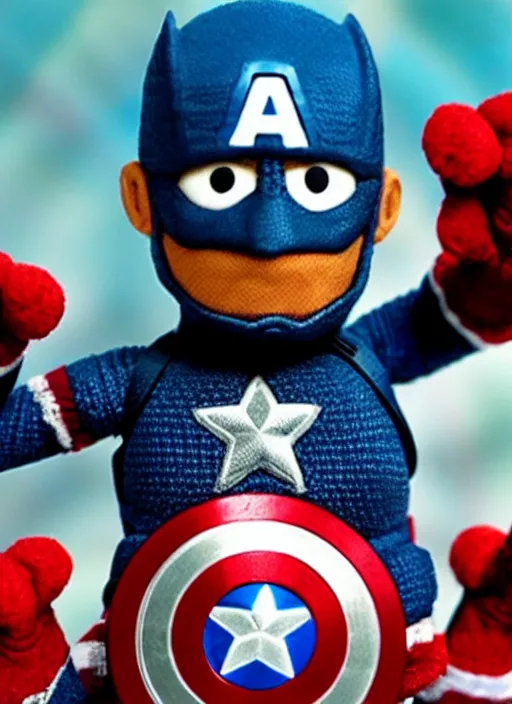 Image similar to captain america as a muppet in the new action movie 4 k atmospheric volumetric