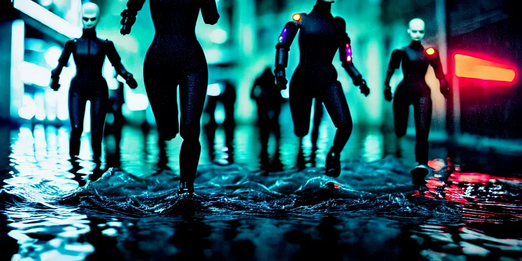 Image similar to cinestill 5 0 d candid photographic portrait by stanley kubrick of female androids sprinting wearing rugged black mesh techwear in treacherous waters, flooded city, medium closeup, retrofuturism cyberpunk moody emotional cinematic, pouring iridescent rain bright spotlight helicopter, 8 k, hd, high resolution, 3 5 mm, f / 3 2 motion blur, ultra realistic faces, ex machina