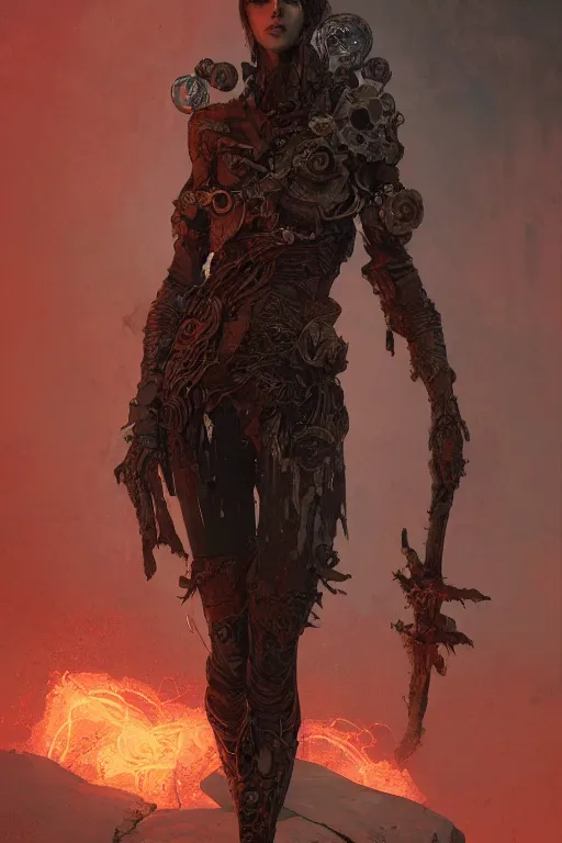 Image similar to a full body portrait of a beautiful post apocalyptic offworld nordic necromancer reposed by the magma pits, intricate, elegant, highly detailed, digital painting, artstation, concept art, smooth, sharp focus, illustration, art by krenz cushart and artem demura and alphonse mucha