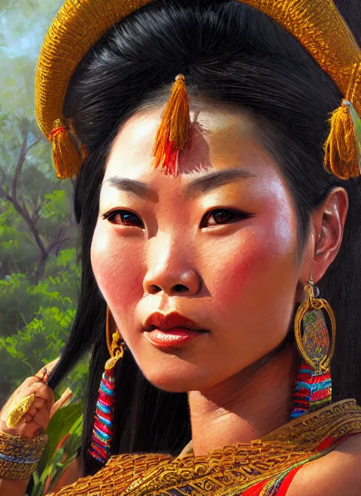 Image similar to portrait of a beautiful female tai ethnic sukhothai, closeup portrait, historical, ethnic group, traditional costume, elegant, loin cloth, highly detailed, oil painting, artstation, concept art, matte, sharp focus, illustration, hearthstone, art by earl norem
